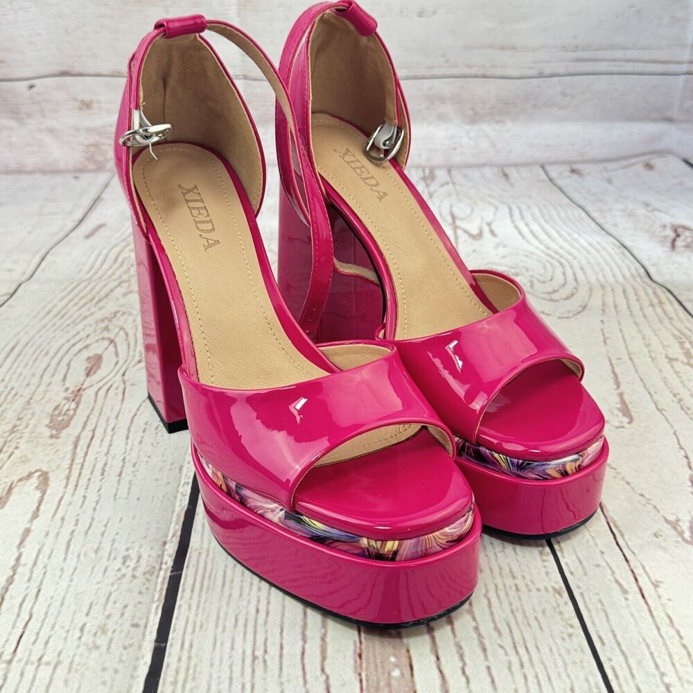 Women's Open Toe Platform Chunky High Block Heels Hot Pink Size 8 Ankle Strap
